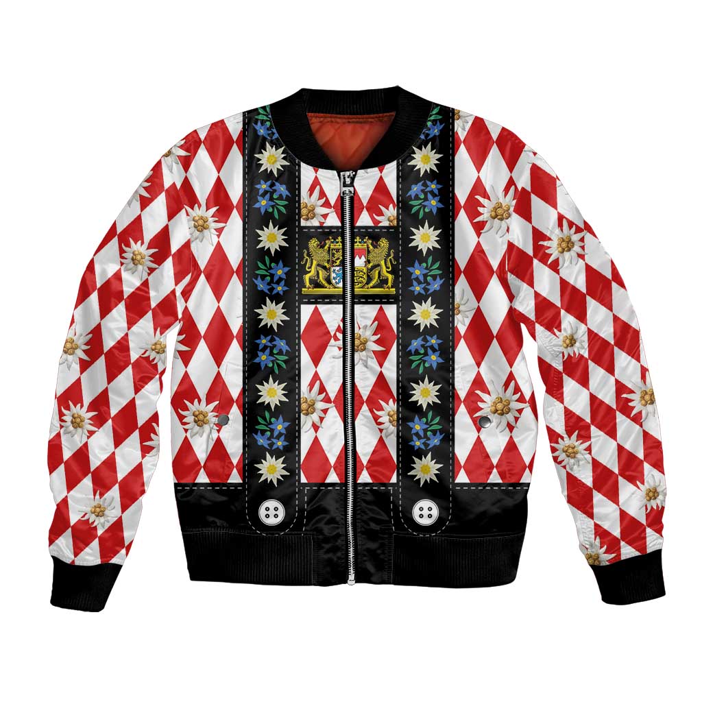 Unisex bomber jacket with red-and-white diamond plaid, black trim, floral emblem, snap pockets