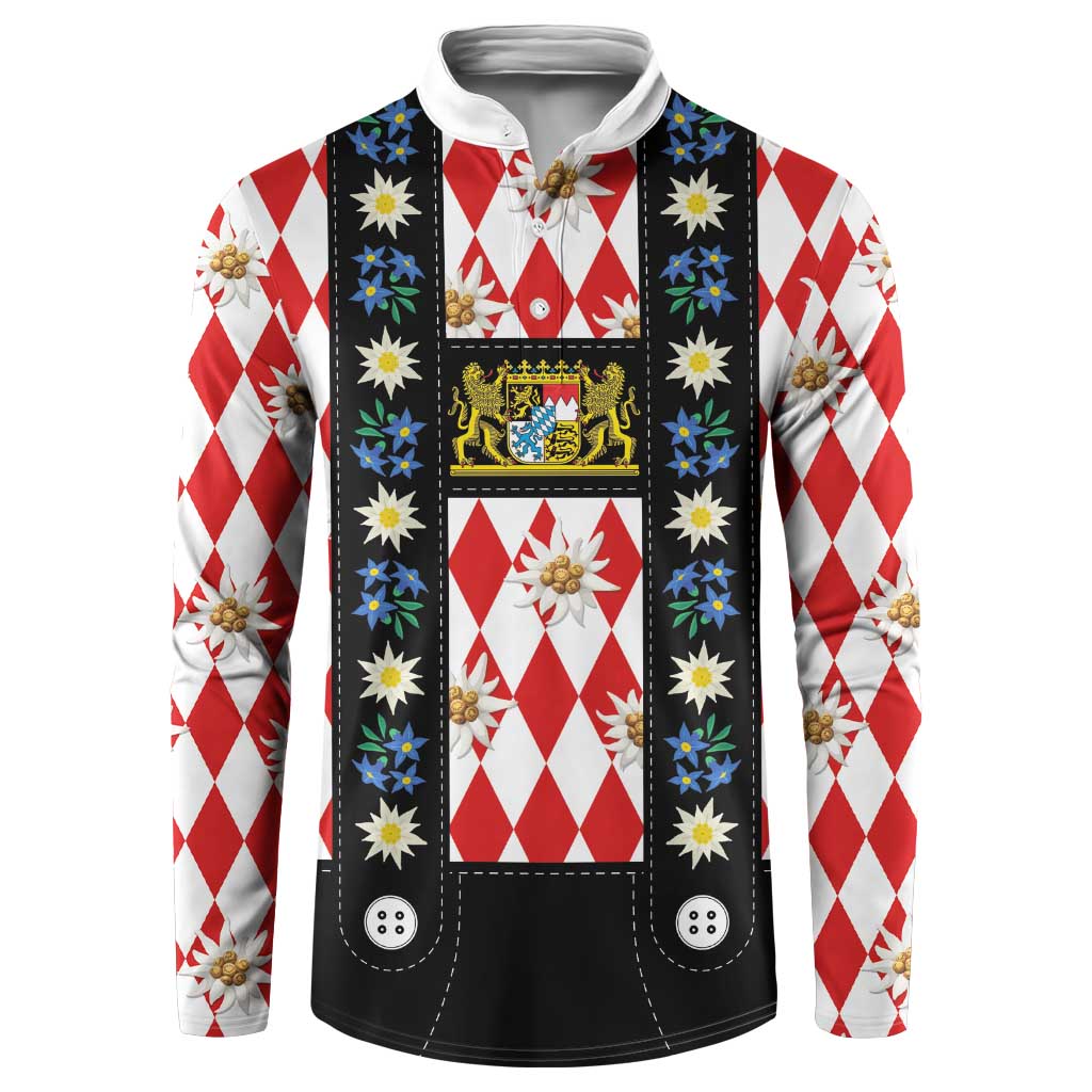 Red and white diamond plaid button sweatshirt with black chest apron and blue floral trim