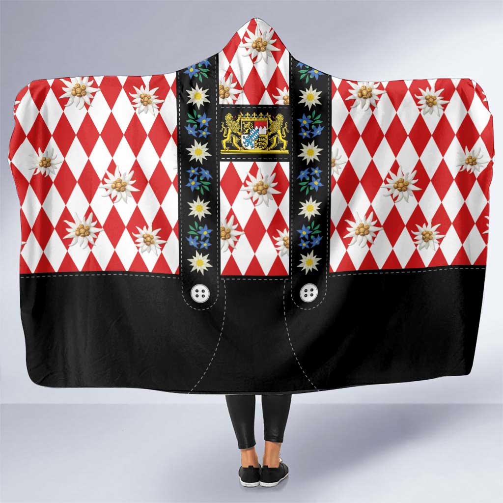 Bavaria Traditional Lederhosen Costume Hooded Blanket Bavaria Emblem -  Red Plaid Pattern with Edelweiss Flowers