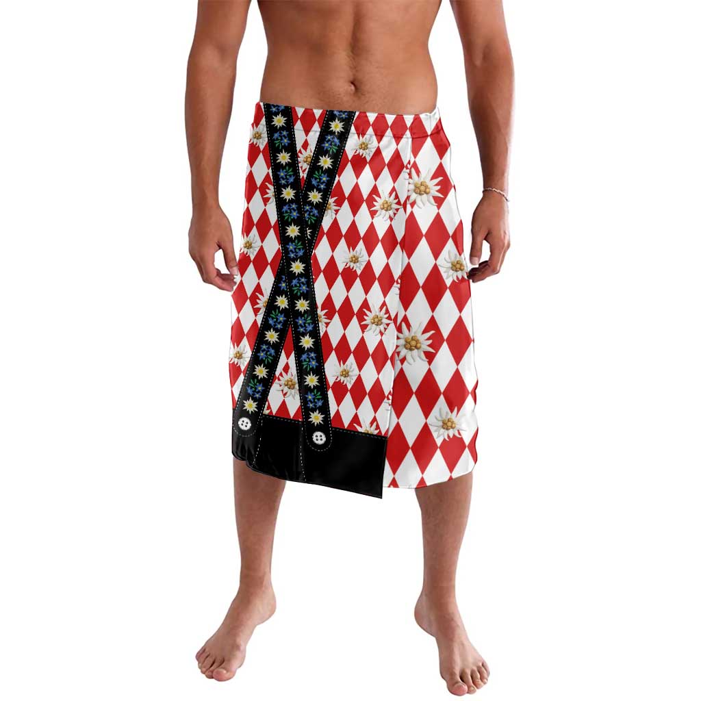 Red and white diamond plaid traditional shorts with edelweiss flowers, black side panel