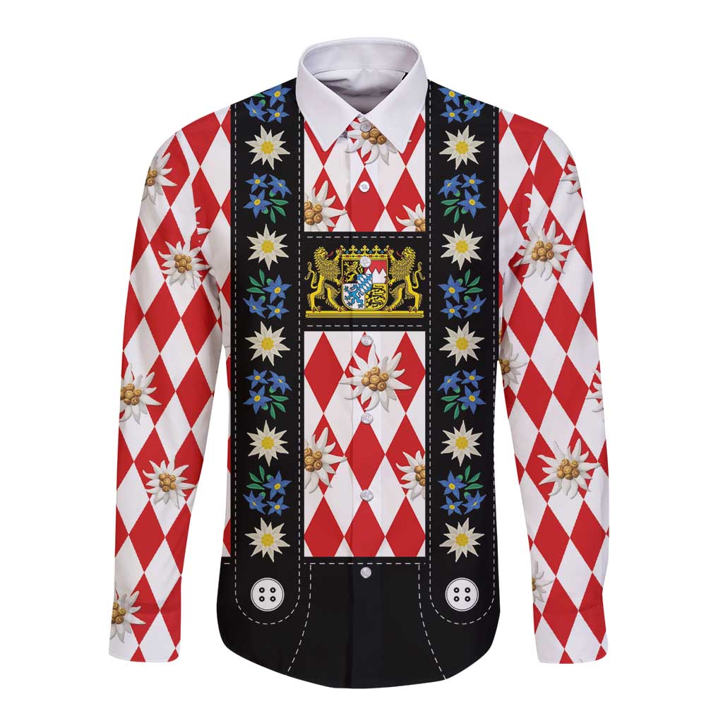 Traditional lederhosen-style long-sleeve button shirt, red/white diamond plaid and black vest