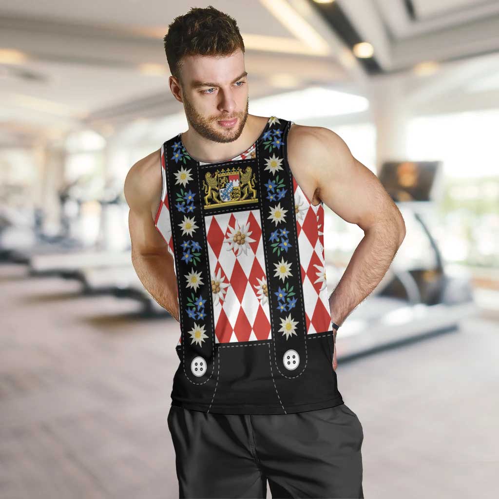 Bavaria Traditional Lederhosen Costume Men Tank Top Bavaria Emblem -  Red Plaid Pattern with Edelweiss Flowers