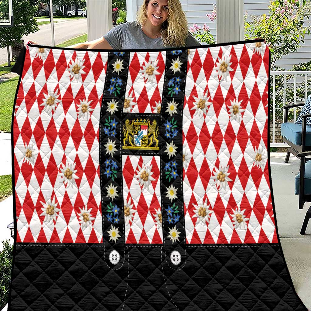 Bavaria Traditional Lederhosen Costume Quilt Bavaria Emblem -  Red Plaid Pattern with Edelweiss Flowers - Wonder Print Shop