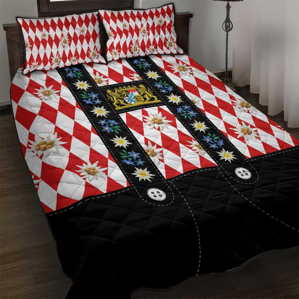 Bavaria Traditional Lederhosen Costume Quilt Bed Set Bavaria Emblem -  Red Plaid Pattern with Edelweiss Flowers - Wonder Print Shop