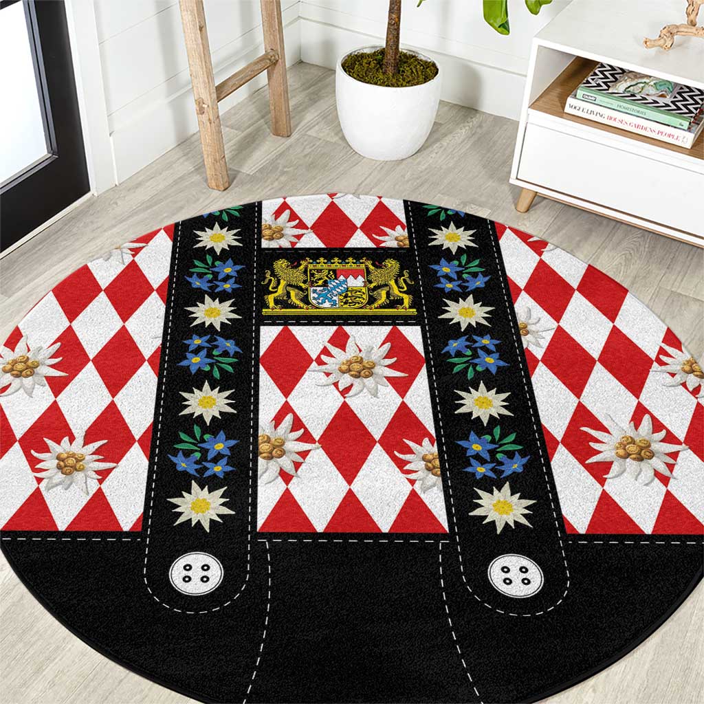Round carpet with red diamond plaid, black trim, Bavarian crest and edelweiss floral panels