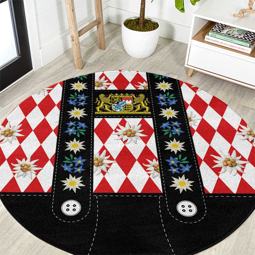 Bavaria Traditional Lederhosen Costume Round Carpet Bavaria Emblem -  Red Plaid Pattern with Edelweiss Flowers - Wonder Print Shop