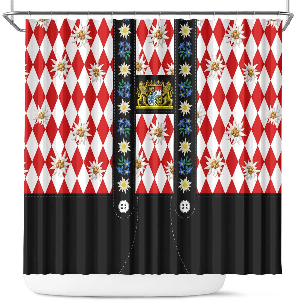 Bavaria Traditional Lederhosen Costume Shower Curtain Bavaria Emblem -  Red Plaid Pattern with Edelweiss Flowers - Wonder Print Shop