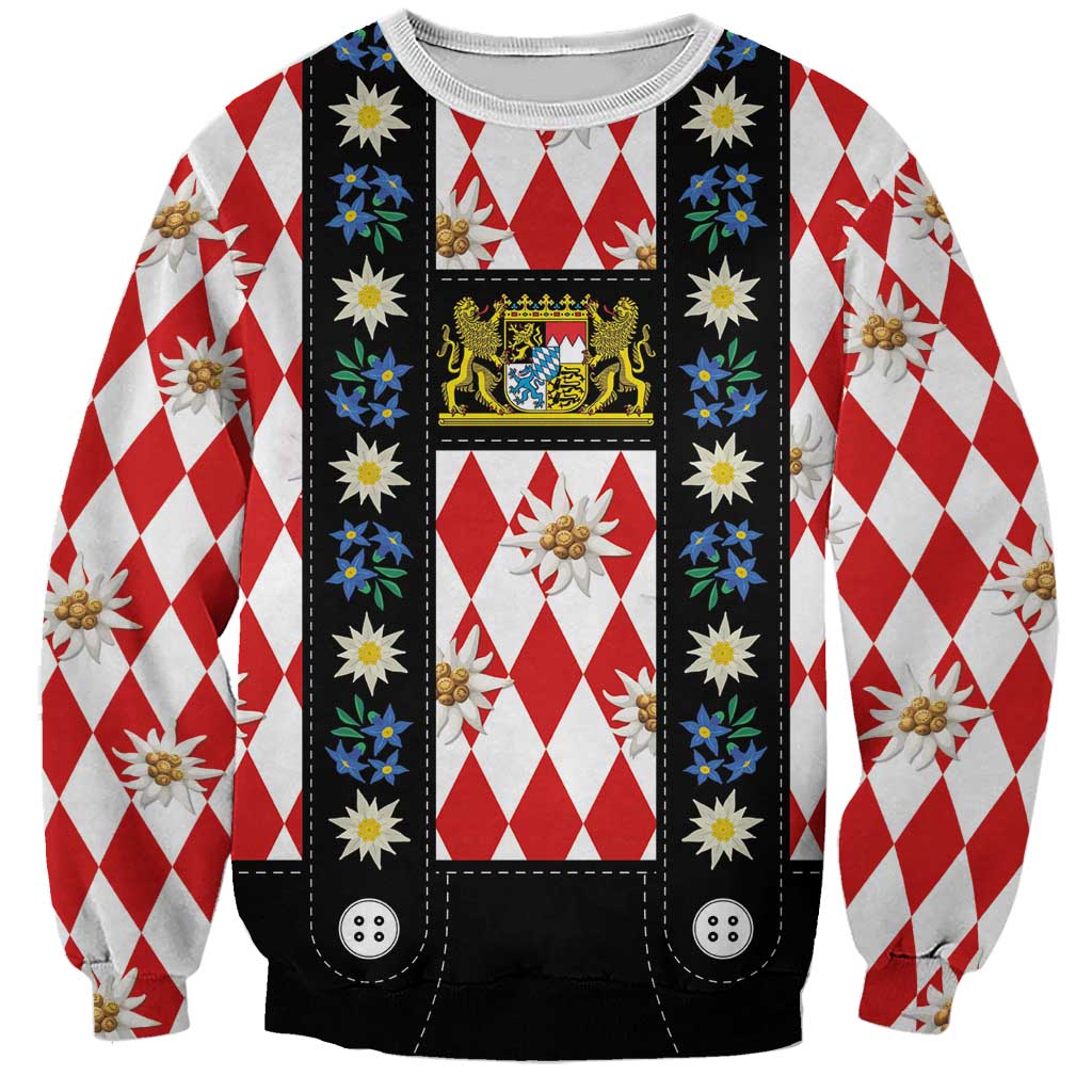 Unisex sweatshirt, red/white diamond plaid with black lederhosen bib and floral crest