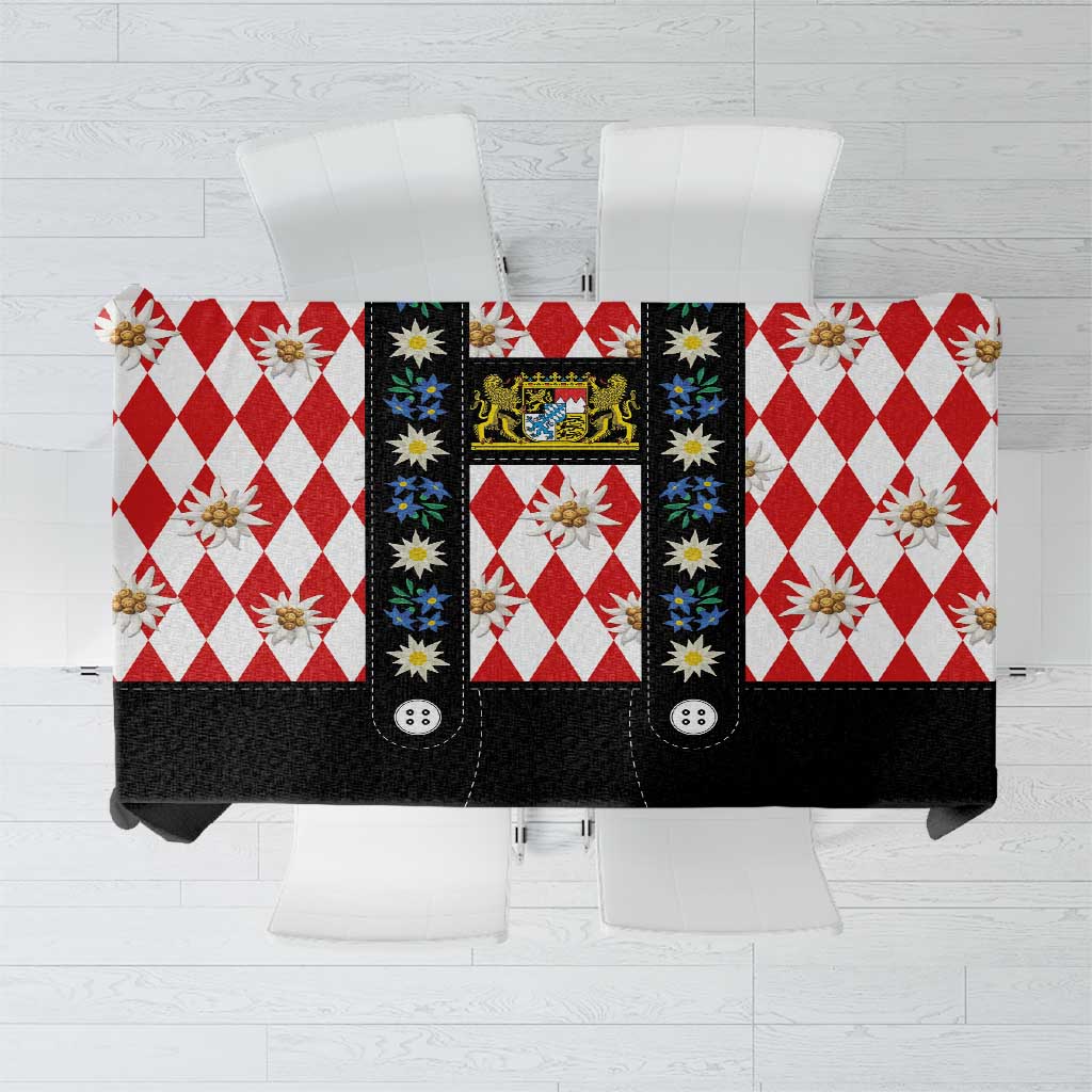 Traditional tablecloth with red and white diamond plaid, edelweiss flowers, black center panel