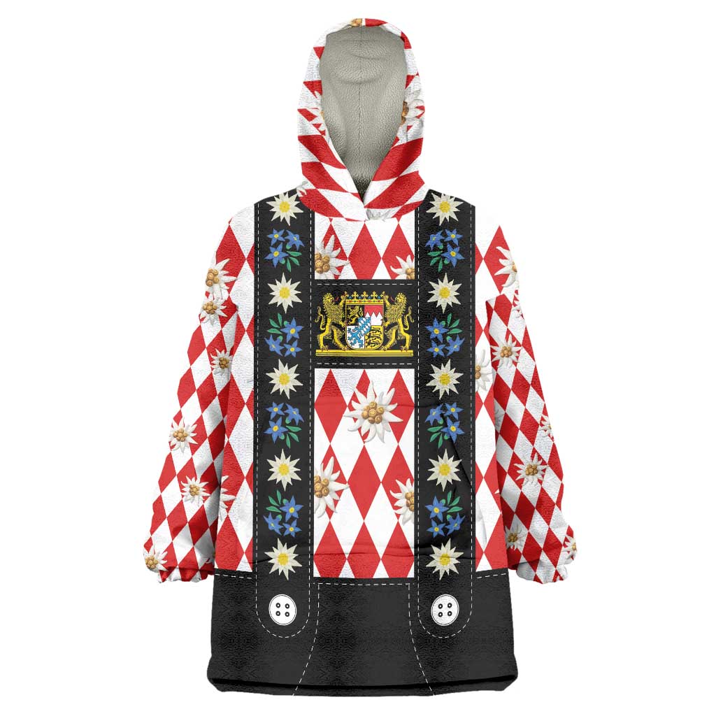 Bavaria Traditional Lederhosen Costume Wearable Blanket Hoodie Bavaria Emblem -  Red Plaid Pattern with Edelweiss Flowers