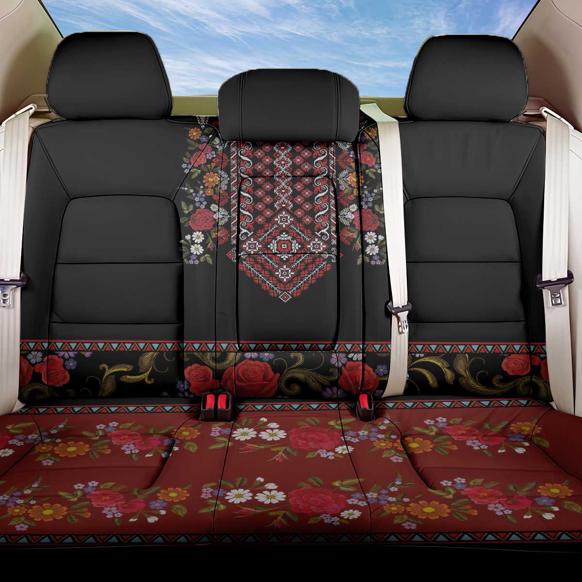 Traditional Romanian Costume - Costum Popular Back Car Seat Cover Traditional Romanian Motif and Folk Floral Embroidery Style