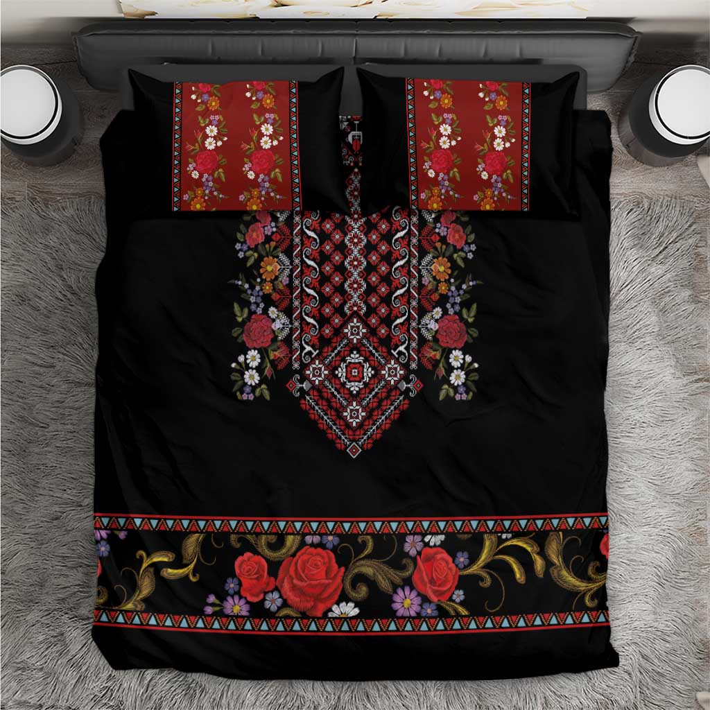 Traditional Romanian Costume - Costum Popular Bedding Set Traditional Romanian Motif and Folk Floral Embroidery Style