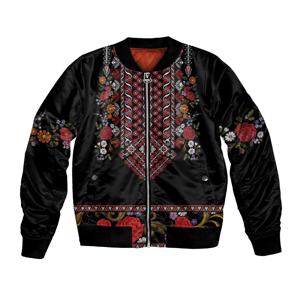 Traditional Romanian Costume - Costum Popular Bomber Jacket Traditional Romanian Motif and Folk Floral Embroidery Style