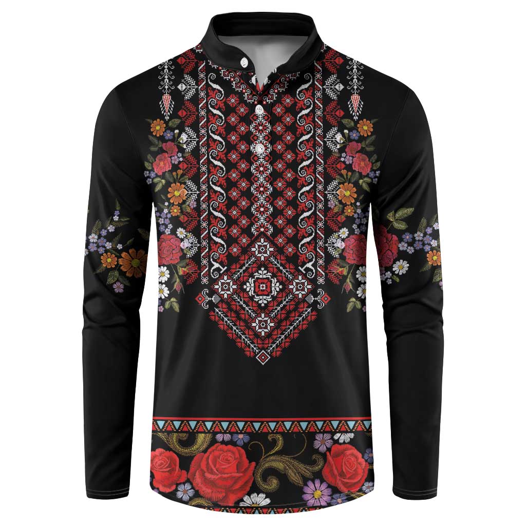 Black button sweatshirt with red/white folk embroidery and floral sleeve panels
