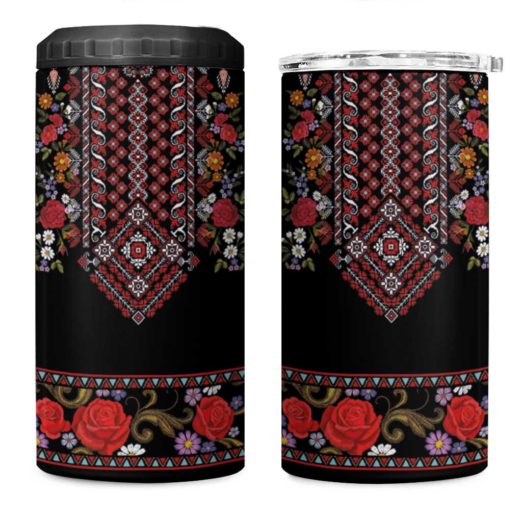 Traditional Romanian Costume - Costum Popular 4 in 1 Can Cooler Tumbler Traditional Romanian Motif and Folk Floral Embroidery Style