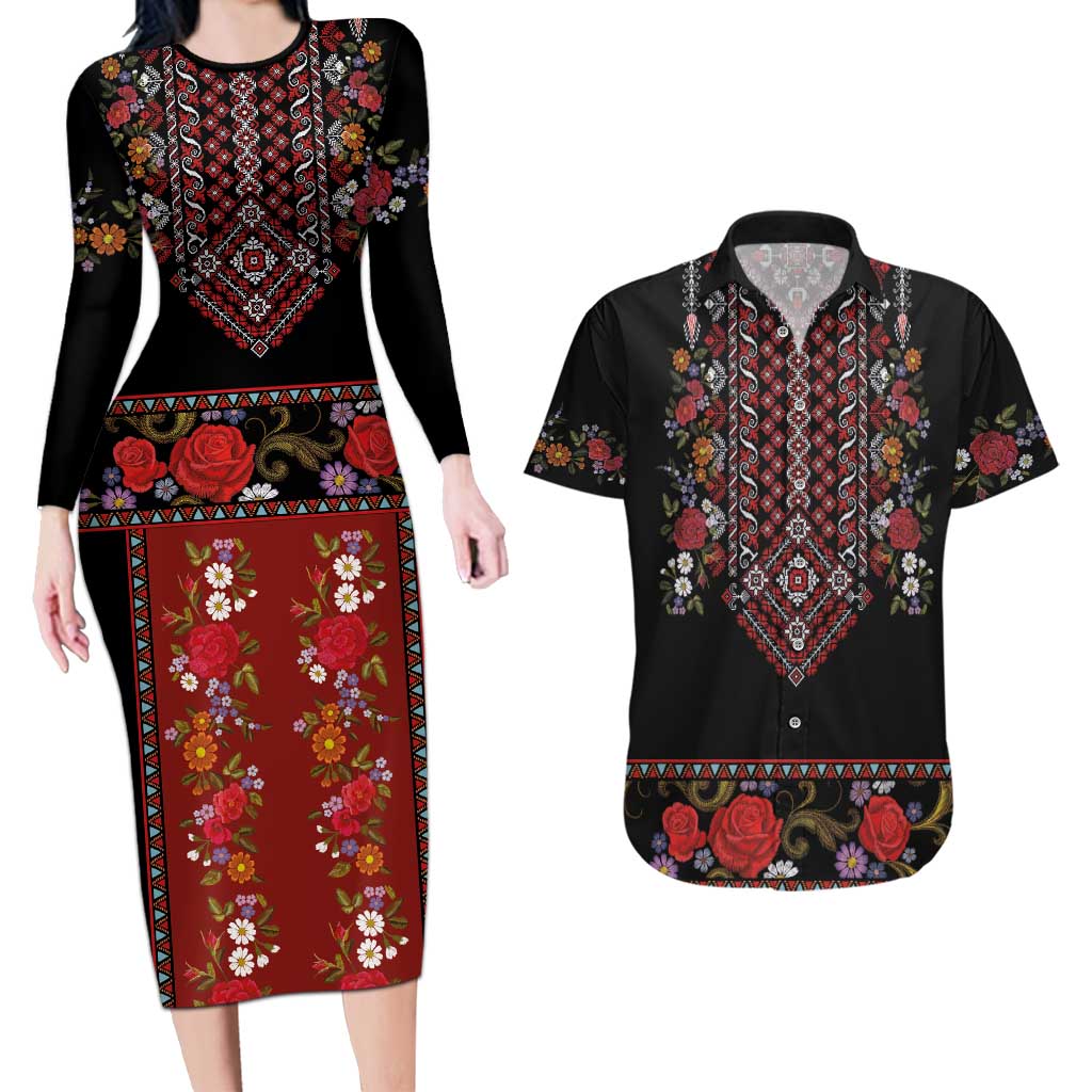 Traditional Romanian Costume - Costum Popular Couples Matching Long Sleeve Bodycon Dress and Hawaiian Shirt Traditional Romanian Motif and Folk Floral Embroidery Style