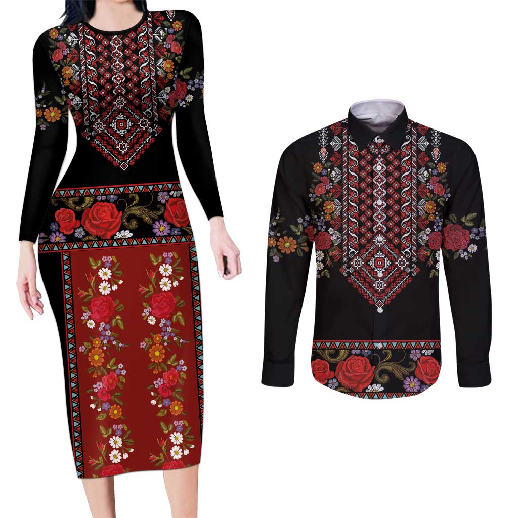 Traditional Romanian Costume - Costum Popular Couples Matching Long Sleeve Bodycon Dress and Long Sleeve Button Shirt Traditional Romanian Motif and Folk Floral Embroidery Style