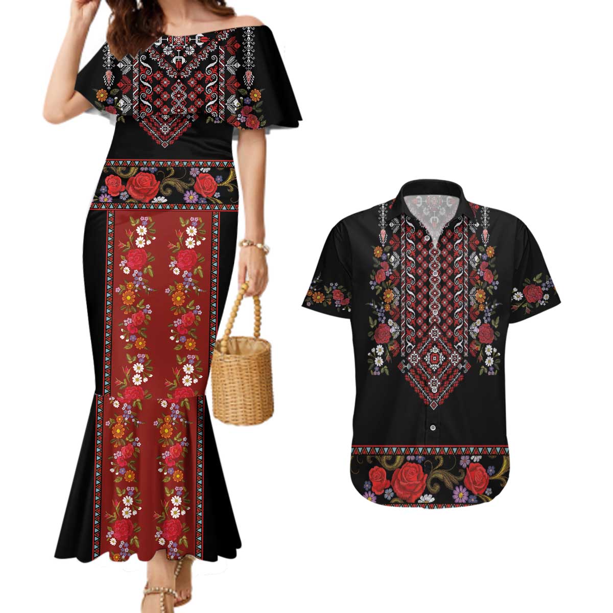 Traditional Romanian Costume - Costum Popular Couples Matching Mermaid Dress and Hawaiian Shirt Traditional Romanian Motif and Folk Floral Embroidery Style