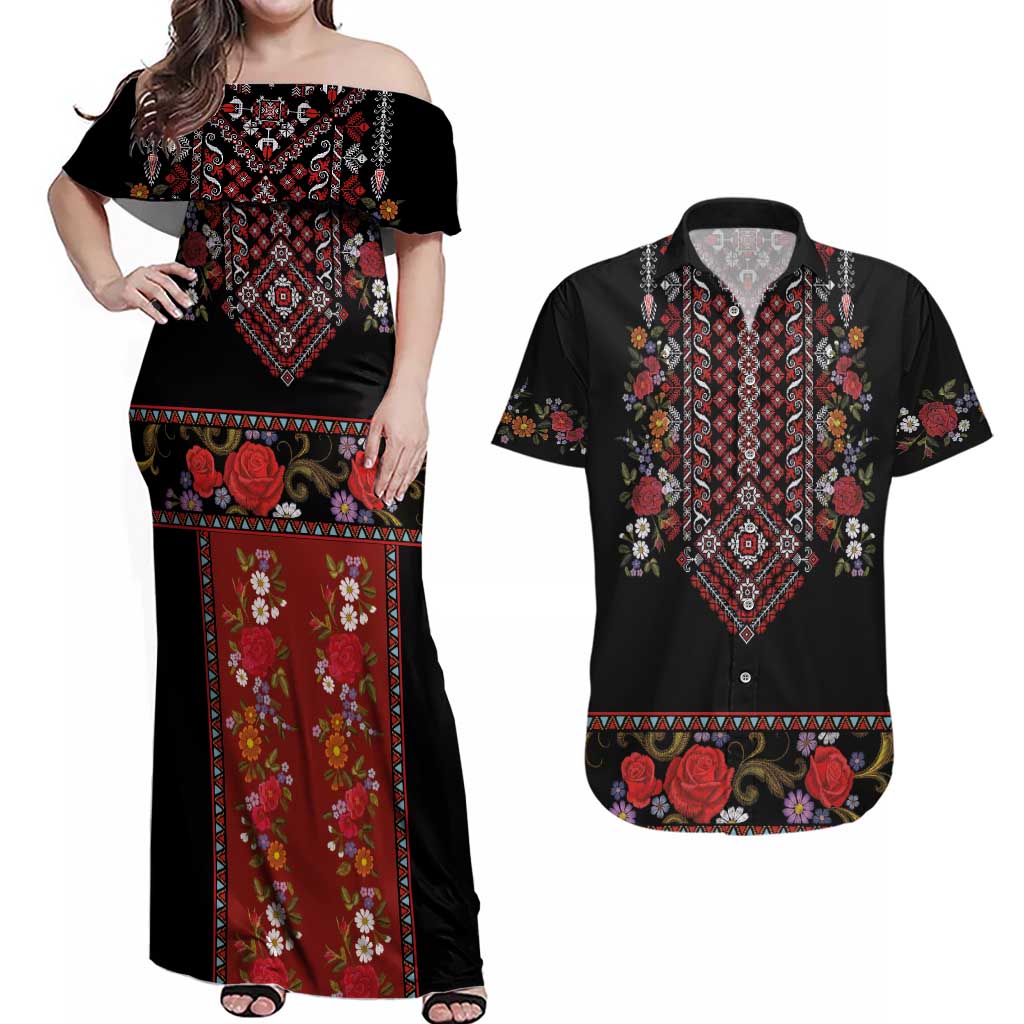 Traditional Romanian Costume - Costum Popular Couples Matching Off Shoulder Maxi Dress and Hawaiian Shirt Traditional Romanian Motif and Folk Floral Embroidery Style