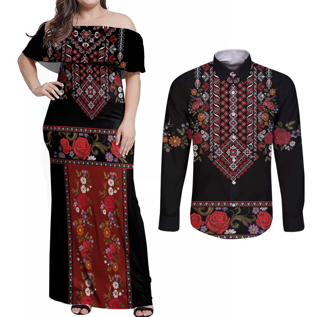 Traditional Romanian Costume - Costum Popular Couples Matching Off Shoulder Maxi Dress and Long Sleeve Button Shirt Traditional Romanian Motif and Folk Floral Embroidery Style