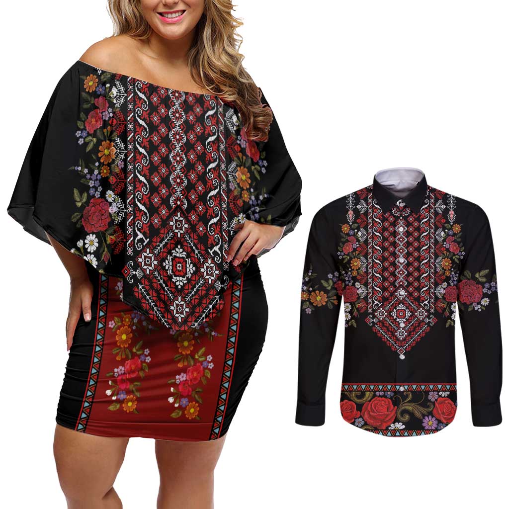 Traditional Romanian Costume - Costum Popular Couples Matching Off Shoulder Short Dress and Long Sleeve Button Shirt Traditional Romanian Motif and Folk Floral Embroidery Style