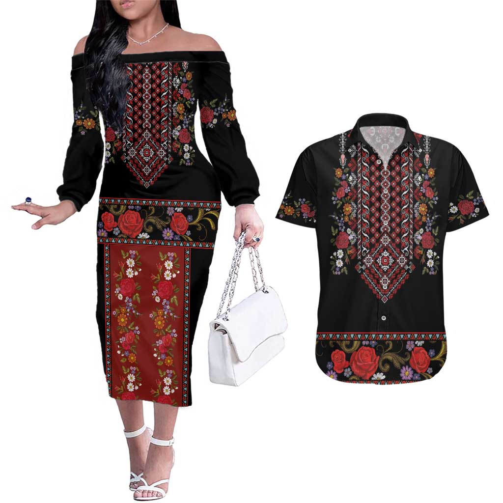 Traditional Romanian Costume - Costum Popular Couples Matching Off The Shoulder Long Sleeve Dress and Hawaiian Shirt Traditional Romanian Motif and Folk Floral Embroidery Style