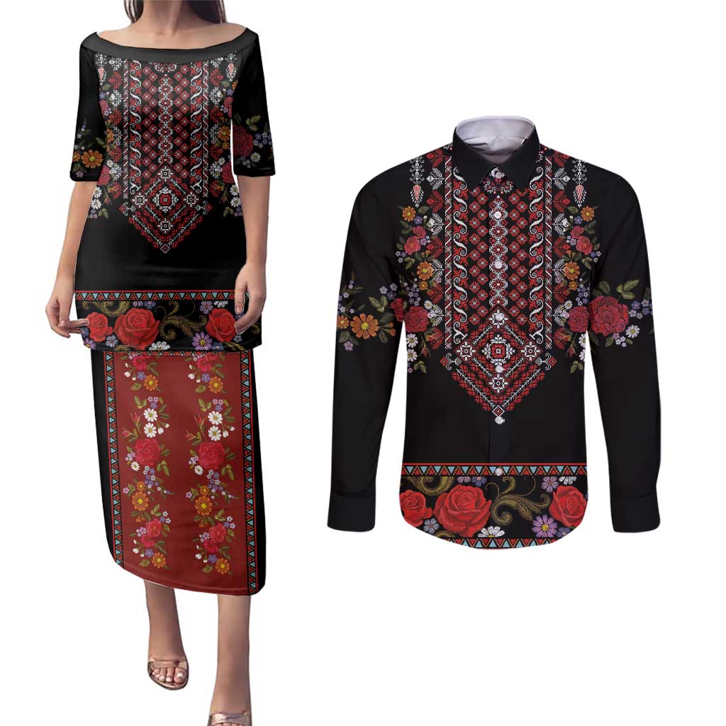 Traditional Romanian Costume - Costum Popular Couples Matching Puletasi and Long Sleeve Button Shirt Traditional Romanian Motif and Folk Floral Embroidery Style