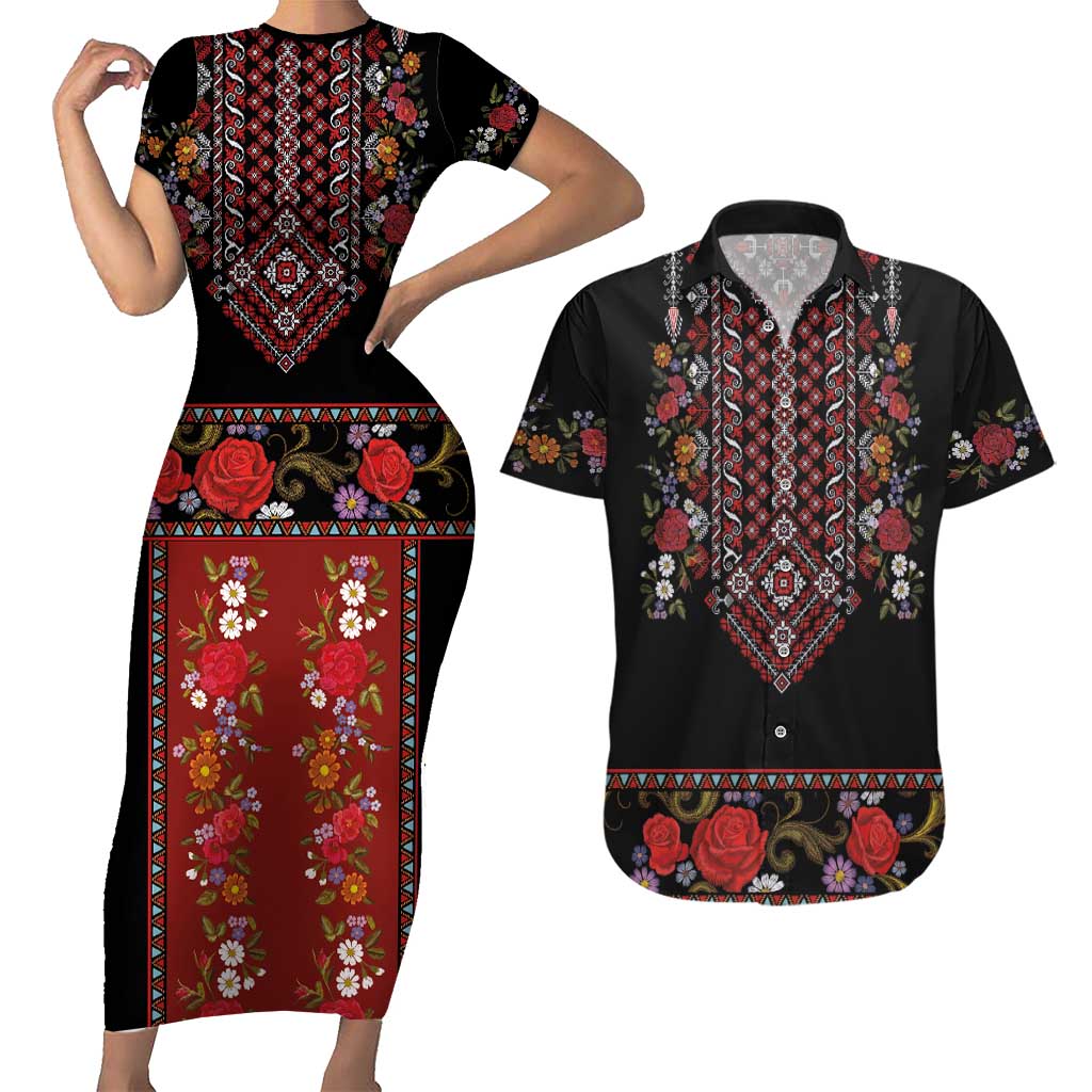 Traditional Romanian Costume - Costum Popular Couples Matching Short Sleeve Bodycon Dress and Hawaiian Shirt Traditional Romanian Motif and Folk Floral Embroidery Style