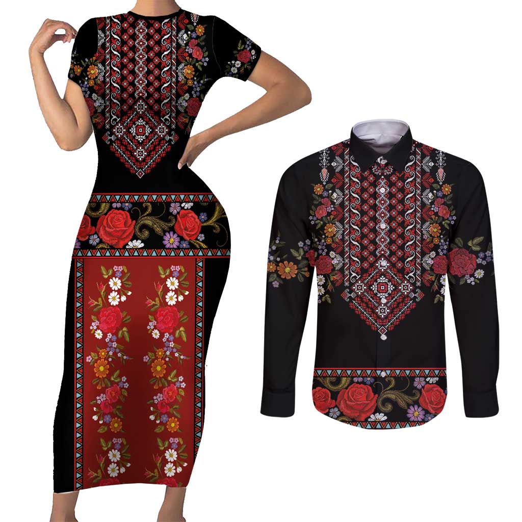 Traditional Romanian Costume - Costum Popular Couples Matching Short Sleeve Bodycon Dress and Long Sleeve Button Shirt Traditional Romanian Motif and Folk Floral Embroidery Style