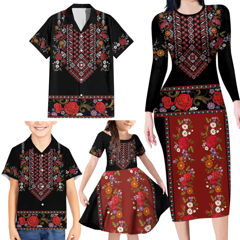 Traditional Romanian Costume - Costum Popular Family Matching Long Sleeve Bodycon Dress and Hawaiian Shirt Traditional Romanian Motif and Folk Floral Embroidery Style - Wonder Print Shop