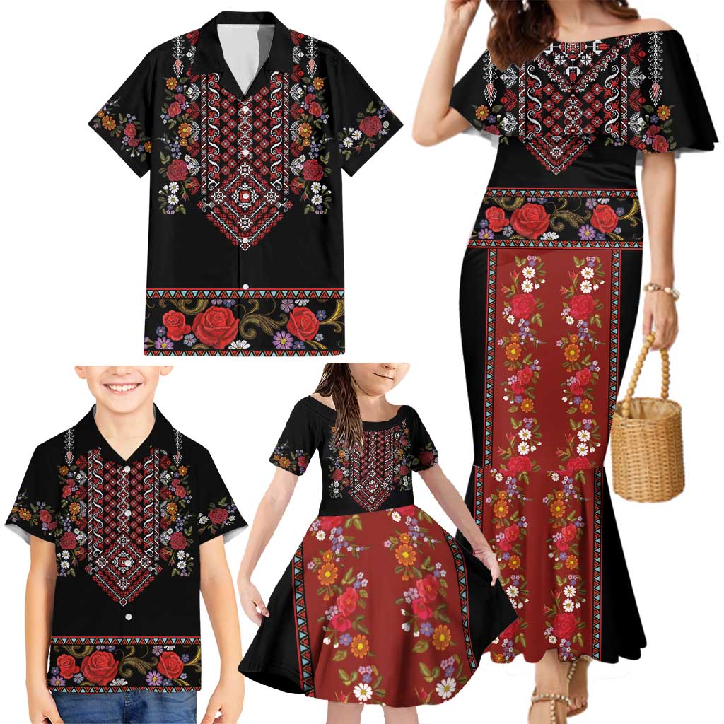 Traditional Romanian Costume - Costum Popular Family Matching Mermaid Dress and Hawaiian Shirt Traditional Romanian Motif and Folk Floral Embroidery Style - Wonder Print Shop