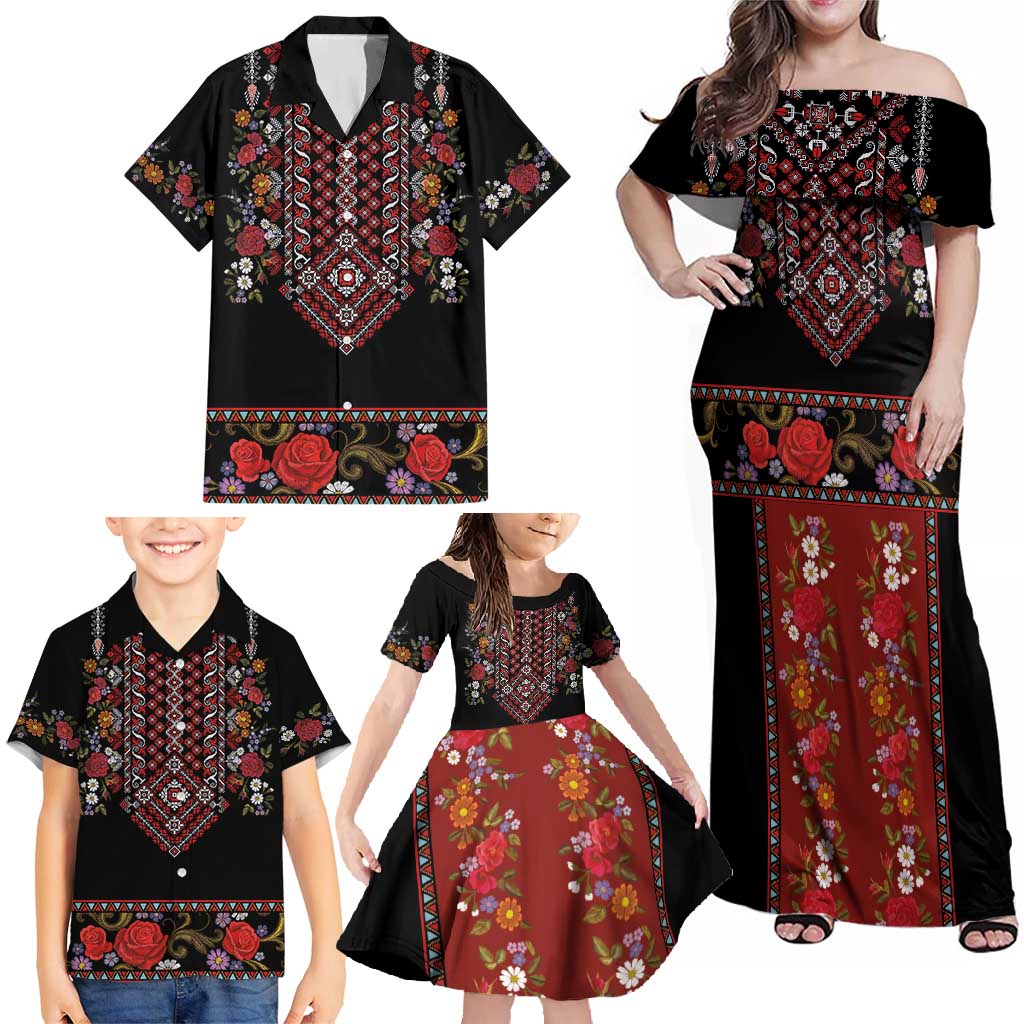 Traditional Romanian Costume - Costum Popular Family Matching Off Shoulder Maxi Dress and Hawaiian Shirt Traditional Romanian Motif and Folk Floral Embroidery Style - Wonder Print Shop