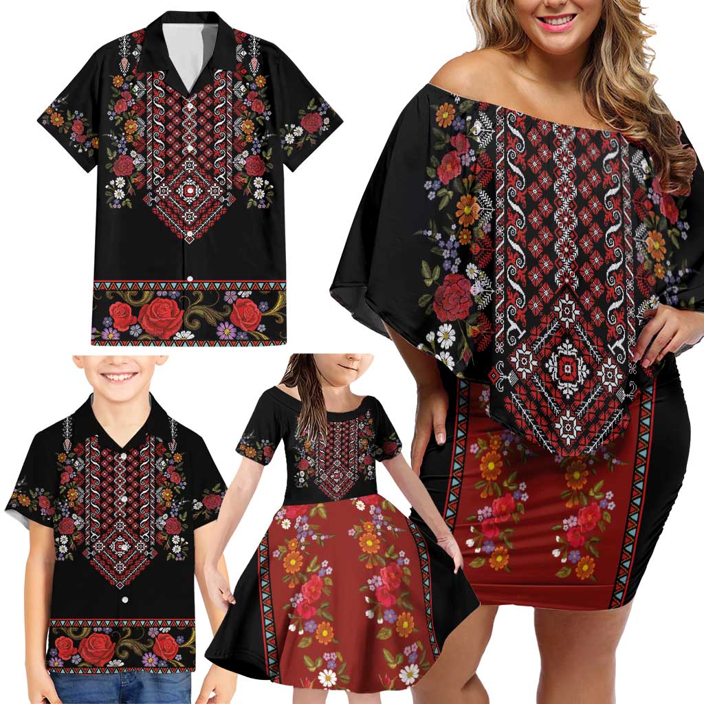 Traditional Romanian Costume - Costum Popular Family Matching Off Shoulder Short Dress and Hawaiian Shirt Traditional Romanian Motif and Folk Floral Embroidery Style - Wonder Print Shop