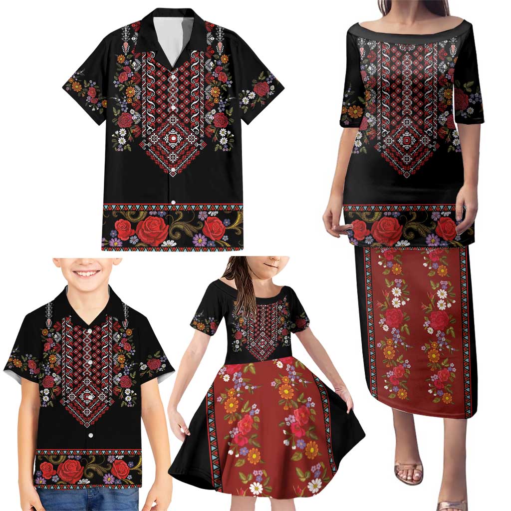 Traditional Romanian Costume - Costum Popular Family Matching Puletasi and Hawaiian Shirt Traditional Romanian Motif and Folk Floral Embroidery Style