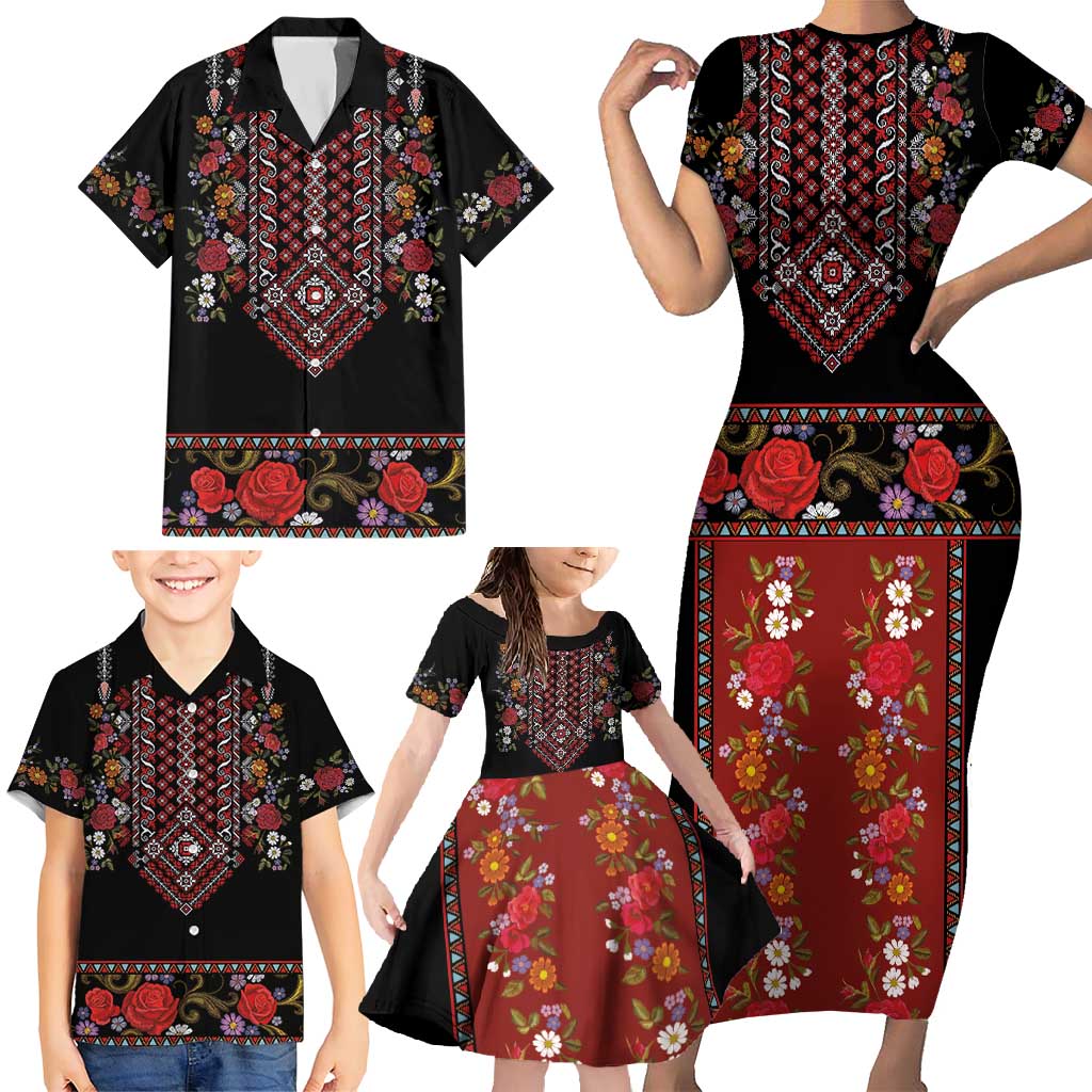 Traditional Romanian Costume - Costum Popular Family Matching Short Sleeve Bodycon Dress and Hawaiian Shirt Traditional Romanian Motif and Folk Floral Embroidery Style - Wonder Print Shop