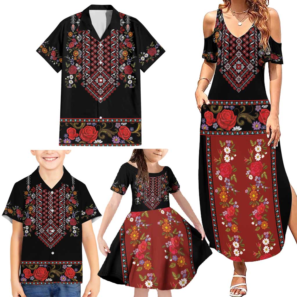 Traditional Romanian Costume - Costum Popular Family Matching Summer Maxi Dress and Hawaiian Shirt Traditional Romanian Motif and Folk Floral Embroidery Style - Wonder Print Shop