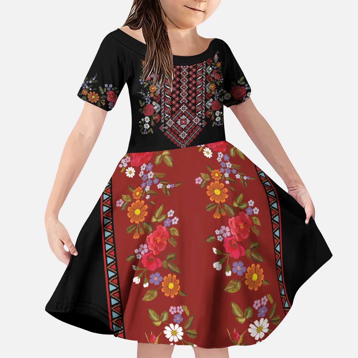 Traditional Romanian Costume - Costum Popular Kid Short Sleeve Dress Traditional Romanian Motif and Folk Floral Embroidery Style - Wonder Print Shop