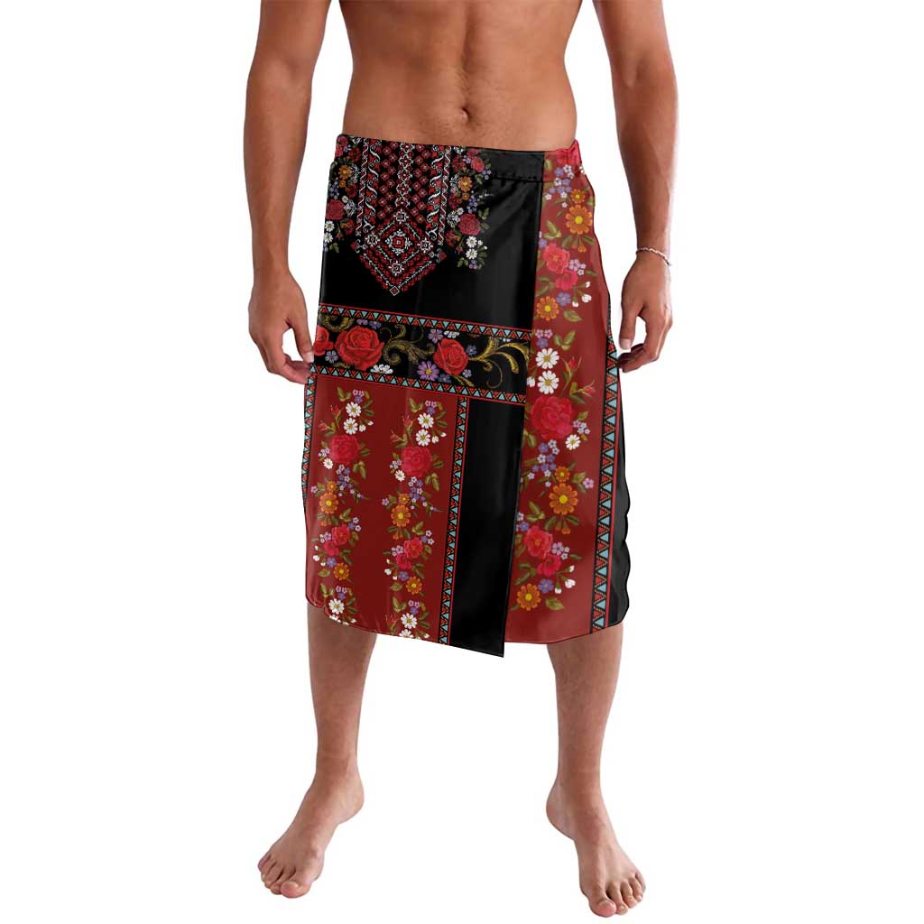 Traditional Romanian folk skirt with black yoke and burgundy floral patchwork panels