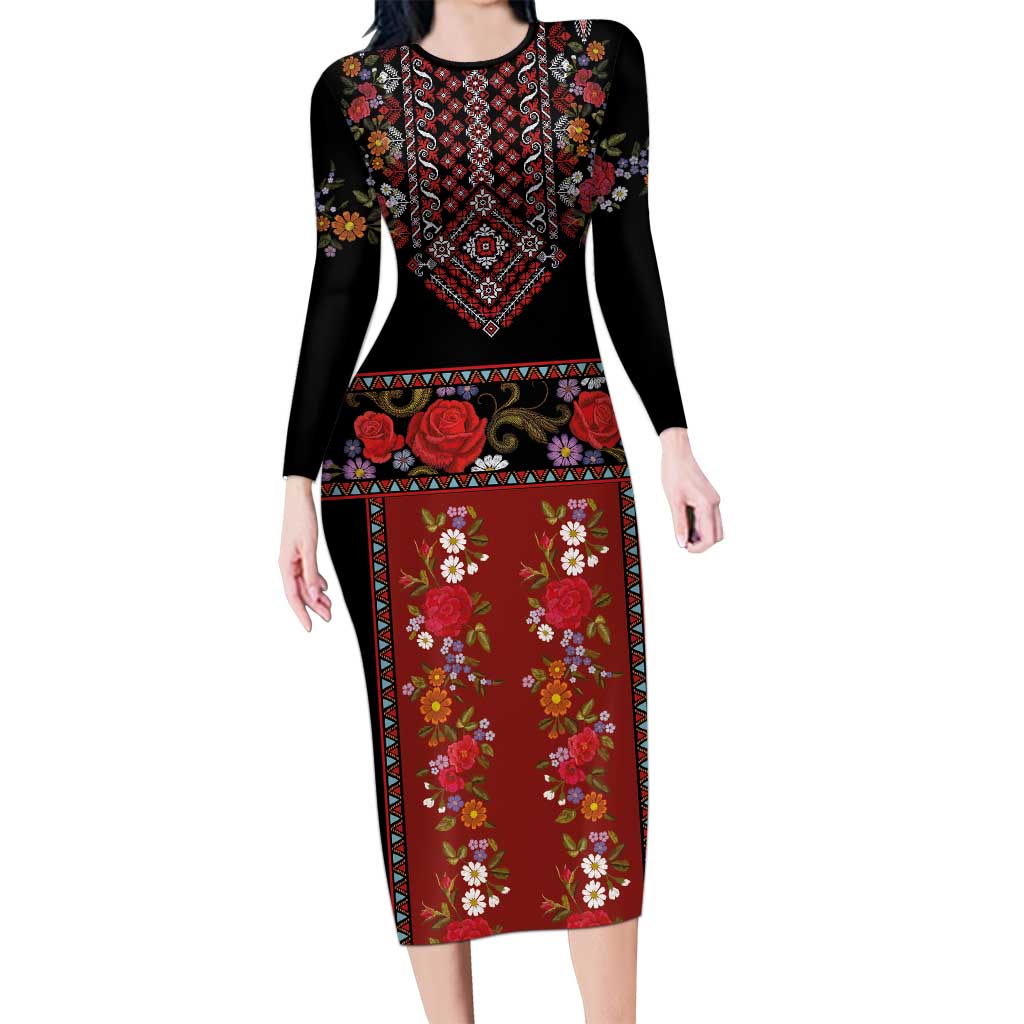 Traditional Romanian Costume - Costum Popular Long Sleeve Bodycon Dress Traditional Romanian Motif and Folk Floral Embroidery Style - Wonder Print Shop