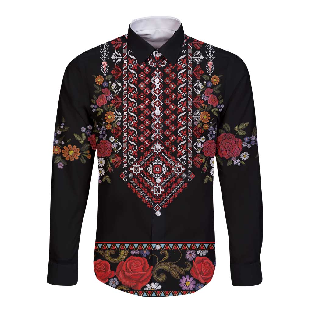 Traditional Romanian Costume - Costum Popular Long Sleeve Button Shirt Traditional Romanian Motif and Folk Floral Embroidery Style