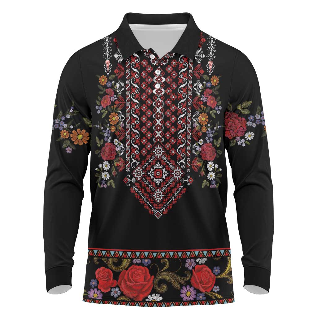 Traditional Romanian Costume - Costum Popular Long Sleeve Polo Shirt Traditional Romanian Motif and Folk Floral Embroidery Style - Wonder Print Shop