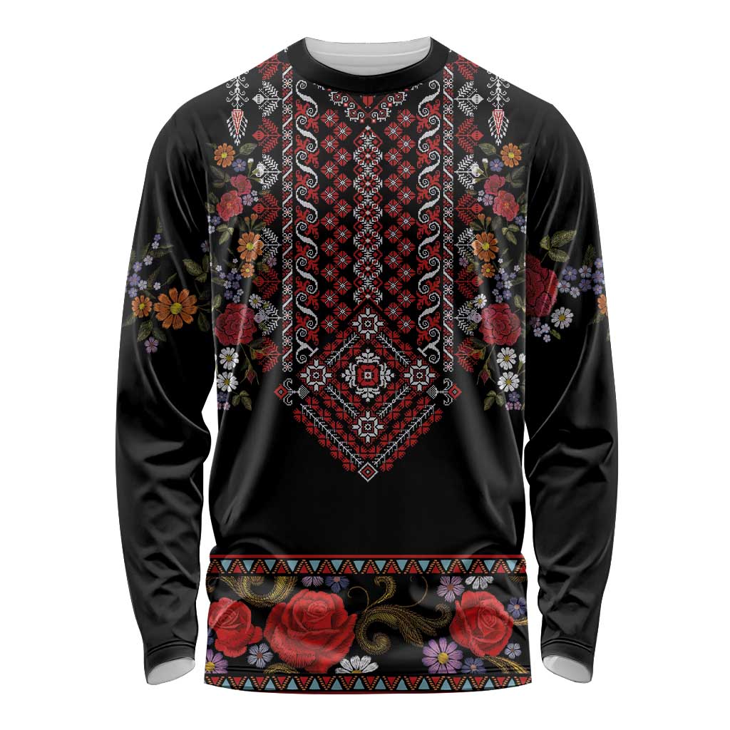 Traditional Romanian Costume - Costum Popular Long Sleeve Shirt Traditional Romanian Motif and Folk Floral Embroidery Style - Wonder Print Shop