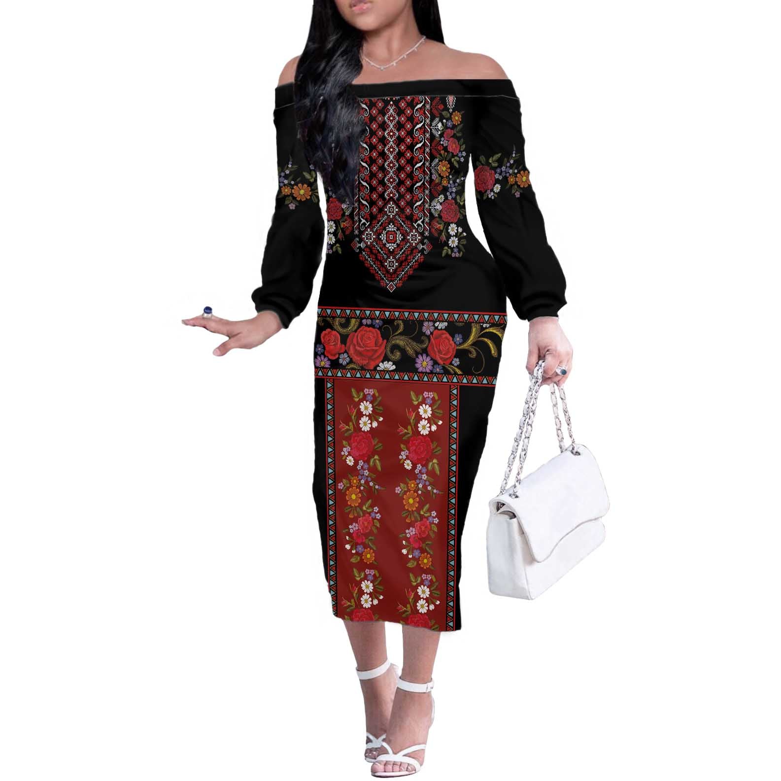 Traditional Romanian Costume - Costum Popular Off The Shoulder Long Sleeve Dress Traditional Romanian Motif and Folk Floral Embroidery Style - Wonder Print Shop