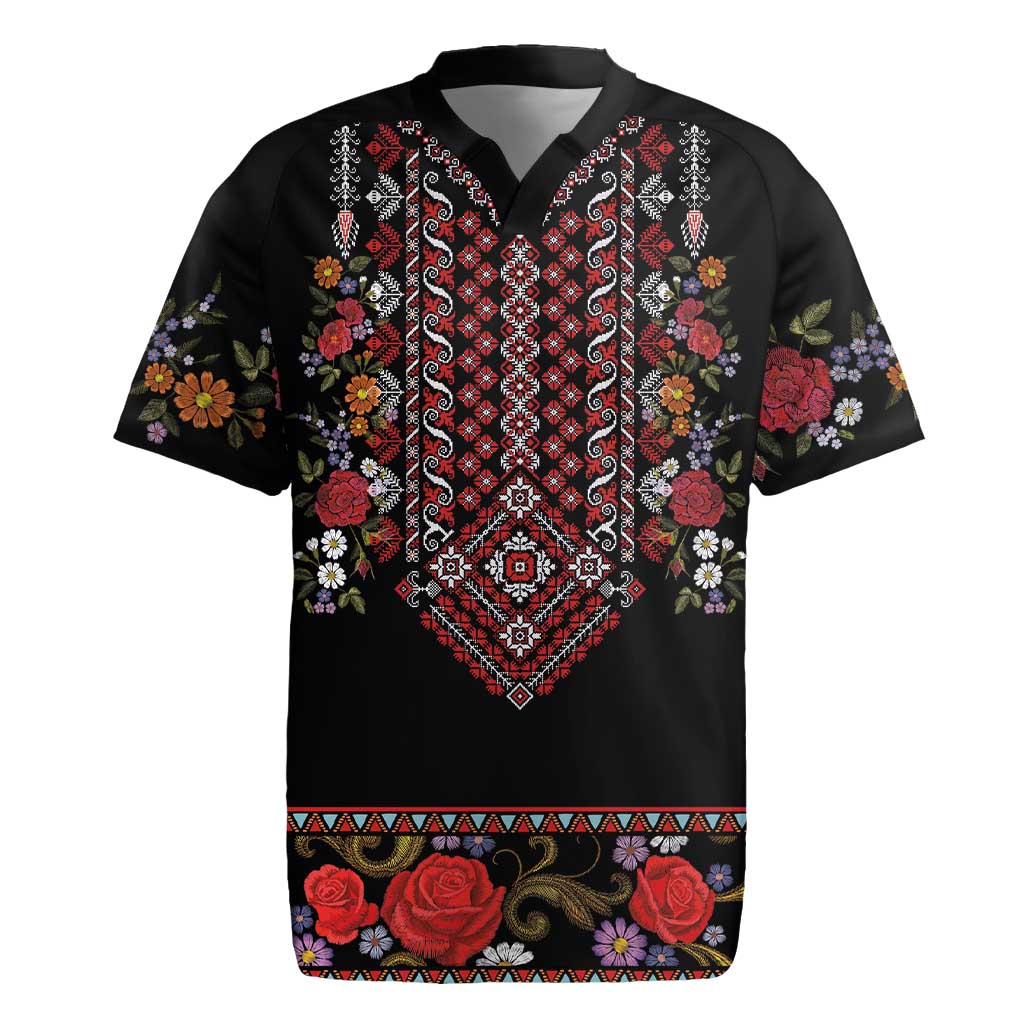 Traditional Romanian Costume - Costum Popular Rugby Jersey Traditional Romanian Motif and Folk Floral Embroidery Style - Wonder Print Shop