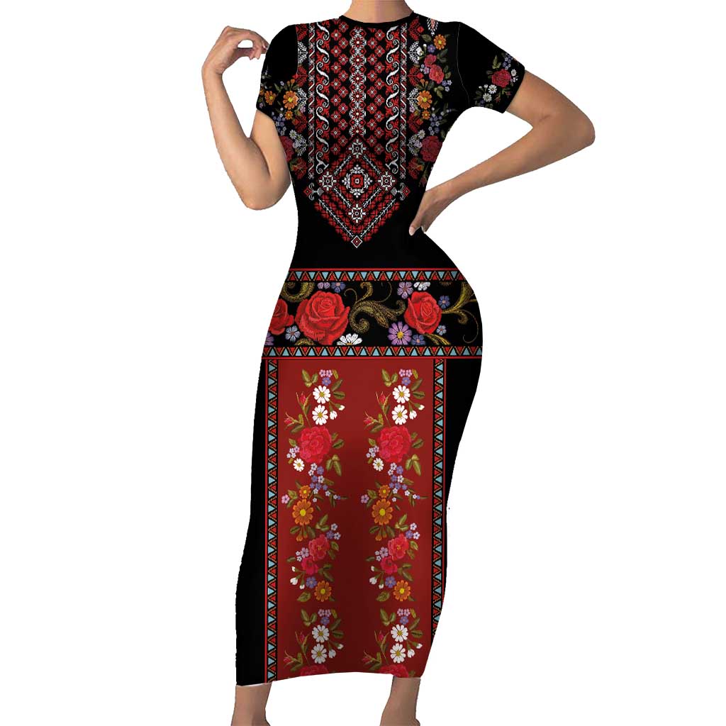 Traditional Romanian Costume - Costum Popular Short Sleeve Bodycon Dress Traditional Romanian Motif and Folk Floral Embroidery Style - Wonder Print Shop