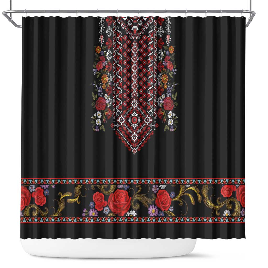 Traditional Romanian Costume - Costum Popular Shower Curtain Traditional Romanian Motif and Folk Floral Embroidery Style - Wonder Print Shop