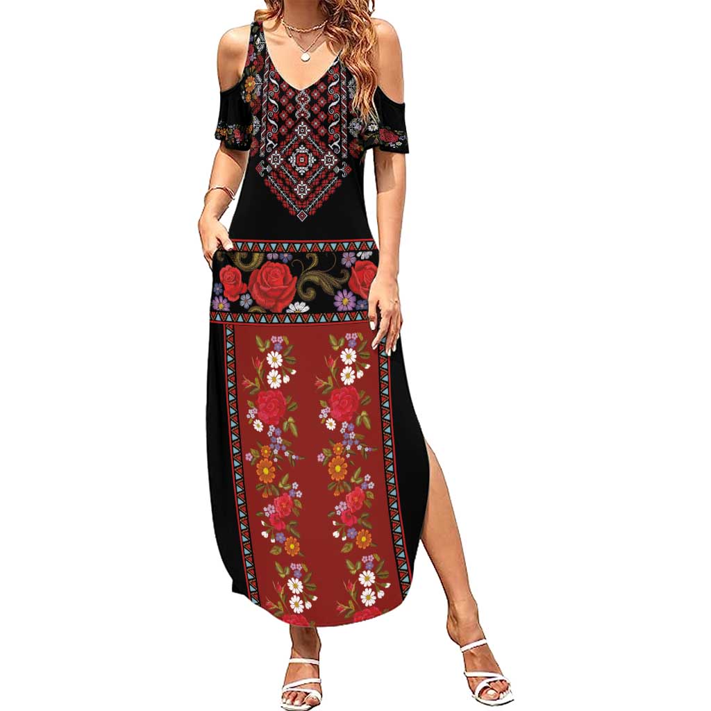 Traditional Romanian Costume - Costum Popular Summer Maxi Dress Traditional Romanian Motif and Folk Floral Embroidery Style - Wonder Print Shop