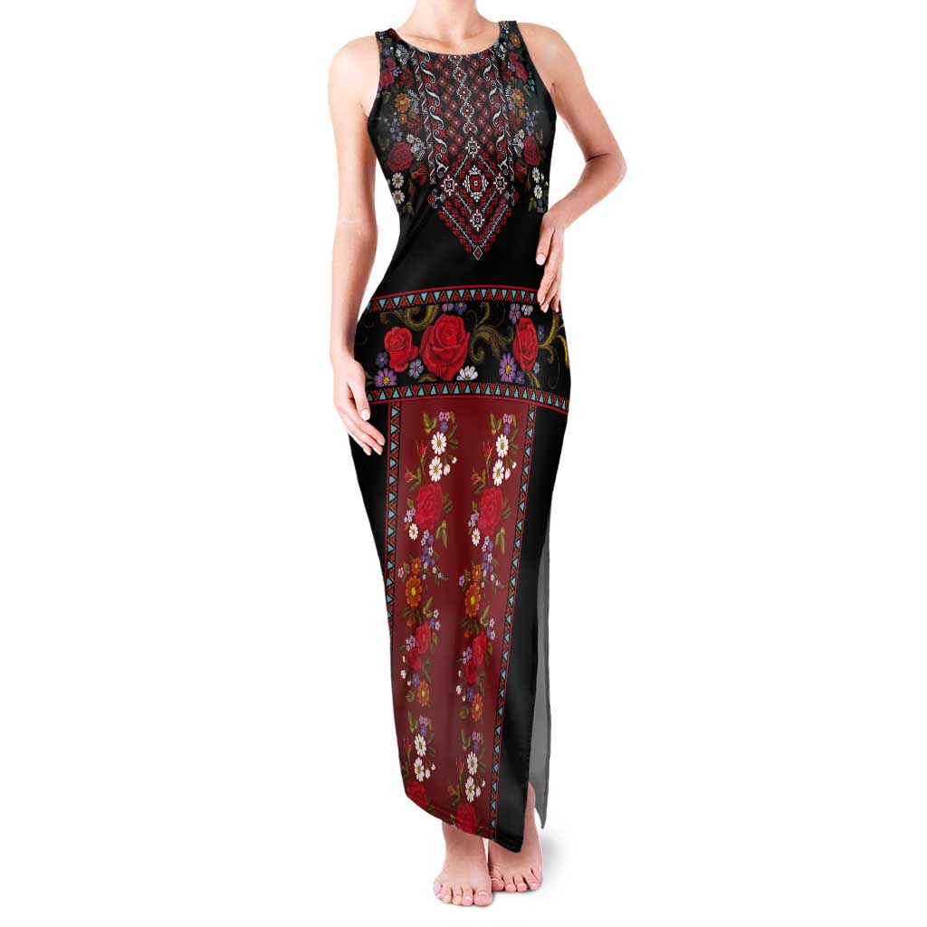 Traditional Romanian Costume - Costum Popular Tank Maxi Dress Traditional Romanian Motif and Folk Floral Embroidery Style - Wonder Print Shop