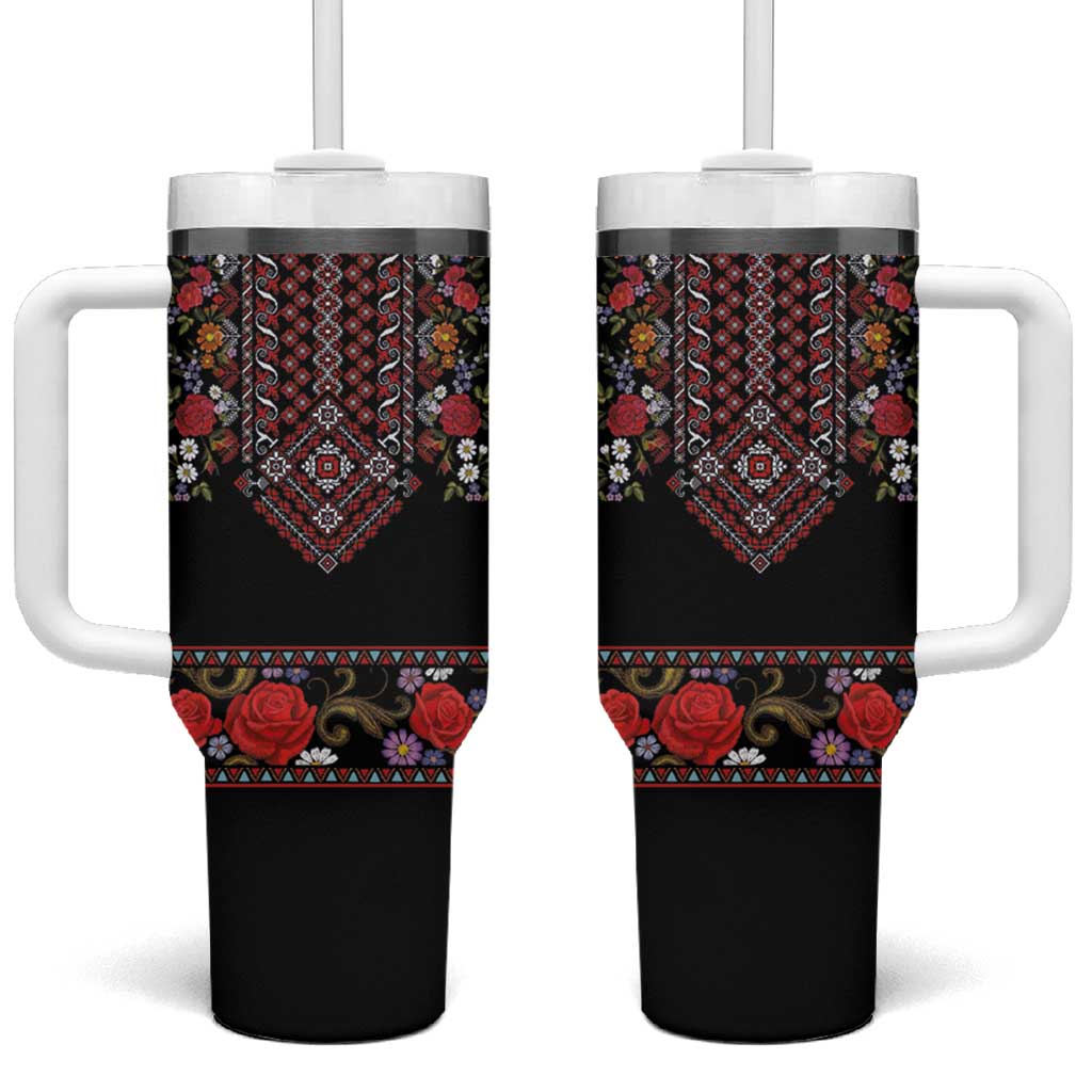 Traditional Romanian Costume - Costum Popular Tumbler With Handle Traditional Romanian Motif and Folk Floral Embroidery Style - Wonder Print Shop