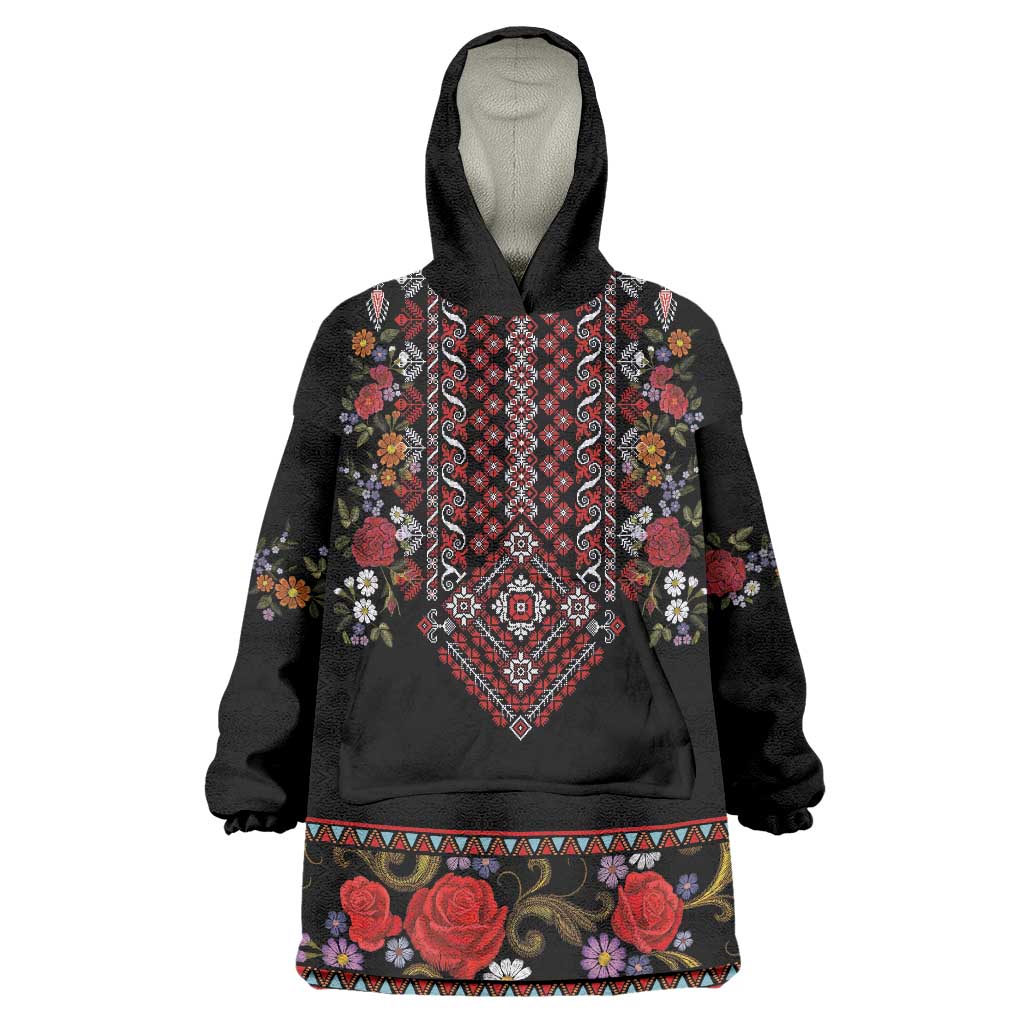 Traditional Romanian Costume - Costum Popular Wearable Blanket Hoodie Traditional Romanian Motif and Folk Floral Embroidery Style